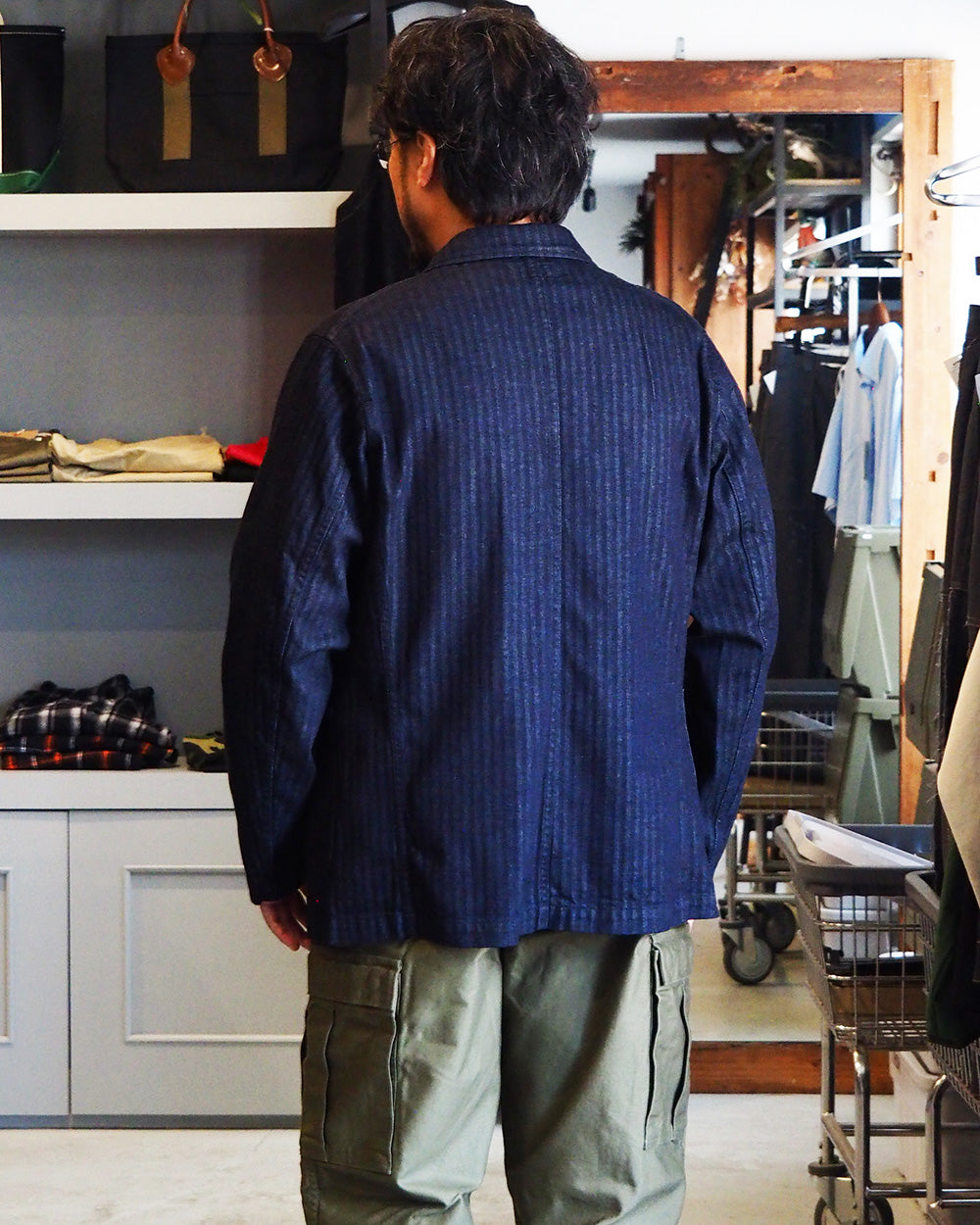 WORKERS ワーカーズ Lounge Jacket, Indigo Herringbone