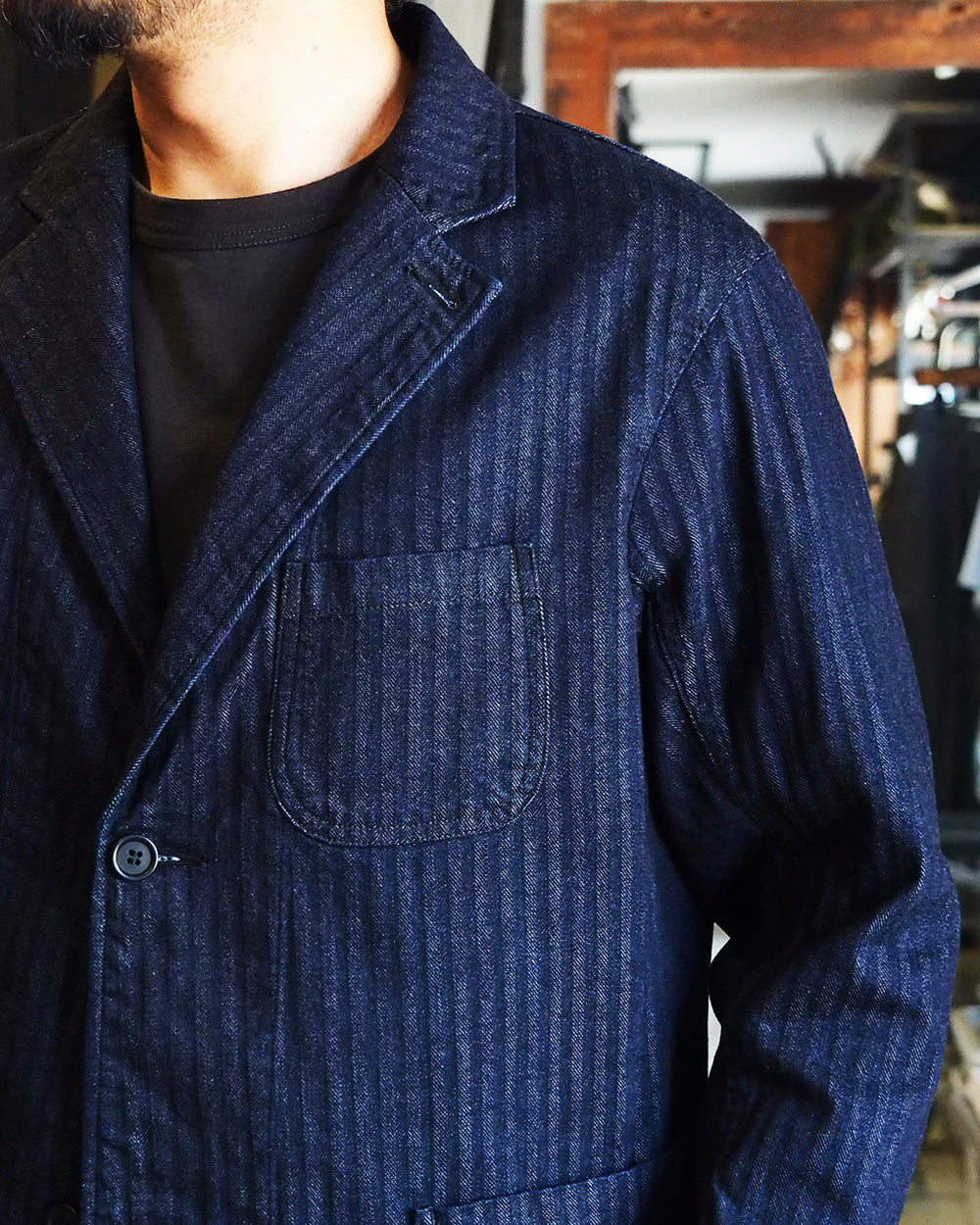 WORKERS ワーカーズ Lounge Jacket, Indigo Herringbone