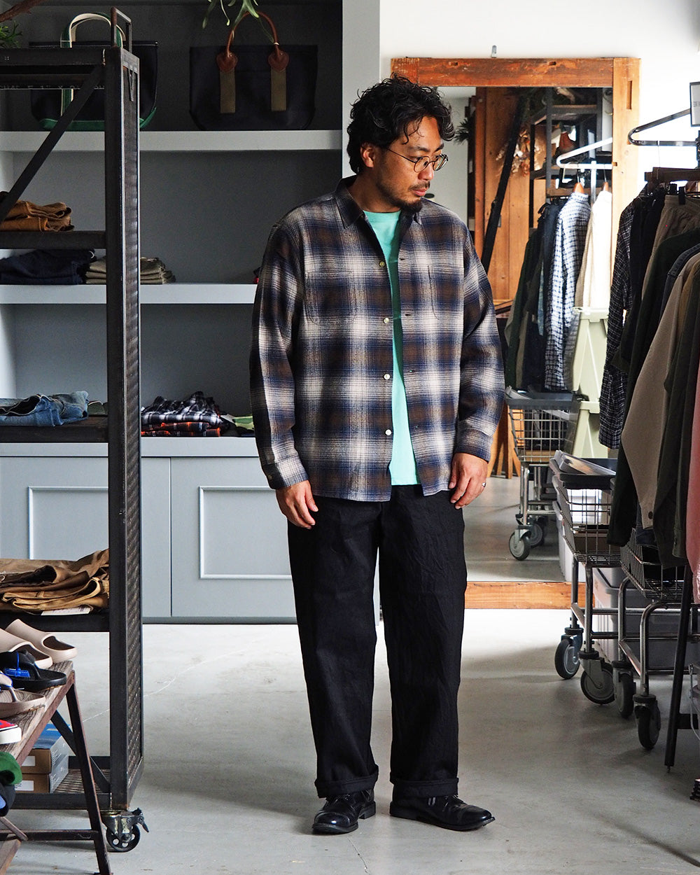 TOWN CRAFT タウンクラフト tc24f018 Flannel Check Loop Collar Shirt Brown