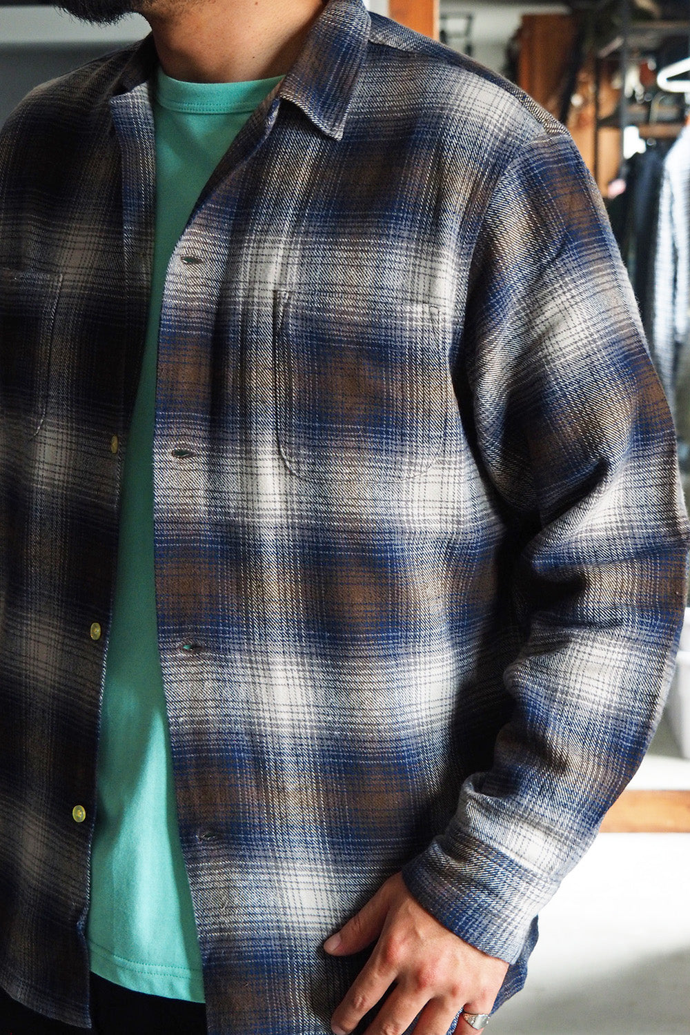 TOWN CRAFT タウンクラフト tc24f018 Flannel Check Loop Collar Shirt Brown
