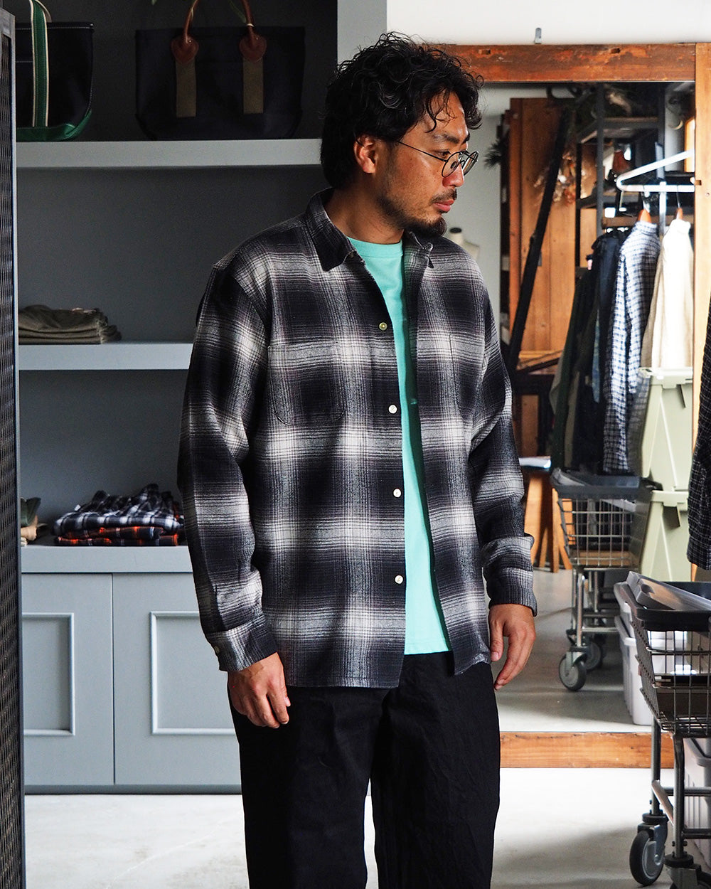 TOWN CRAFT タウンクラフト tc24f018 Flannel Check Loop Collar Shirt Off White