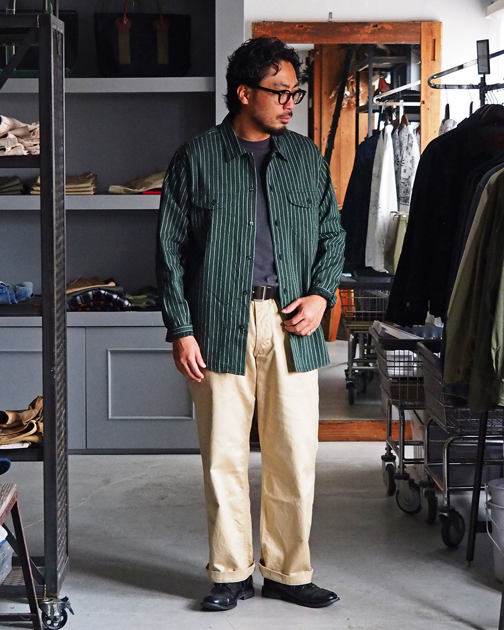 SUGAR CANE シュガーケーン SC28652 COKE STRIPE WORK SHIRT (LONG SLEEVE)  Green