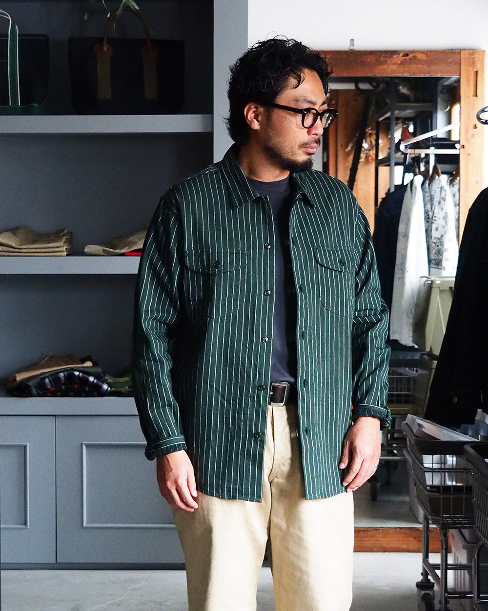 SUGAR CANE シュガーケーン SC28652 COKE STRIPE WORK SHIRT (LONG SLEEVE)  Green