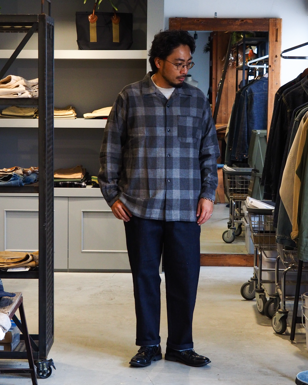 WORKERS ワーカーズ Open Collar Shirt, Cotton Wool Flannel, Check