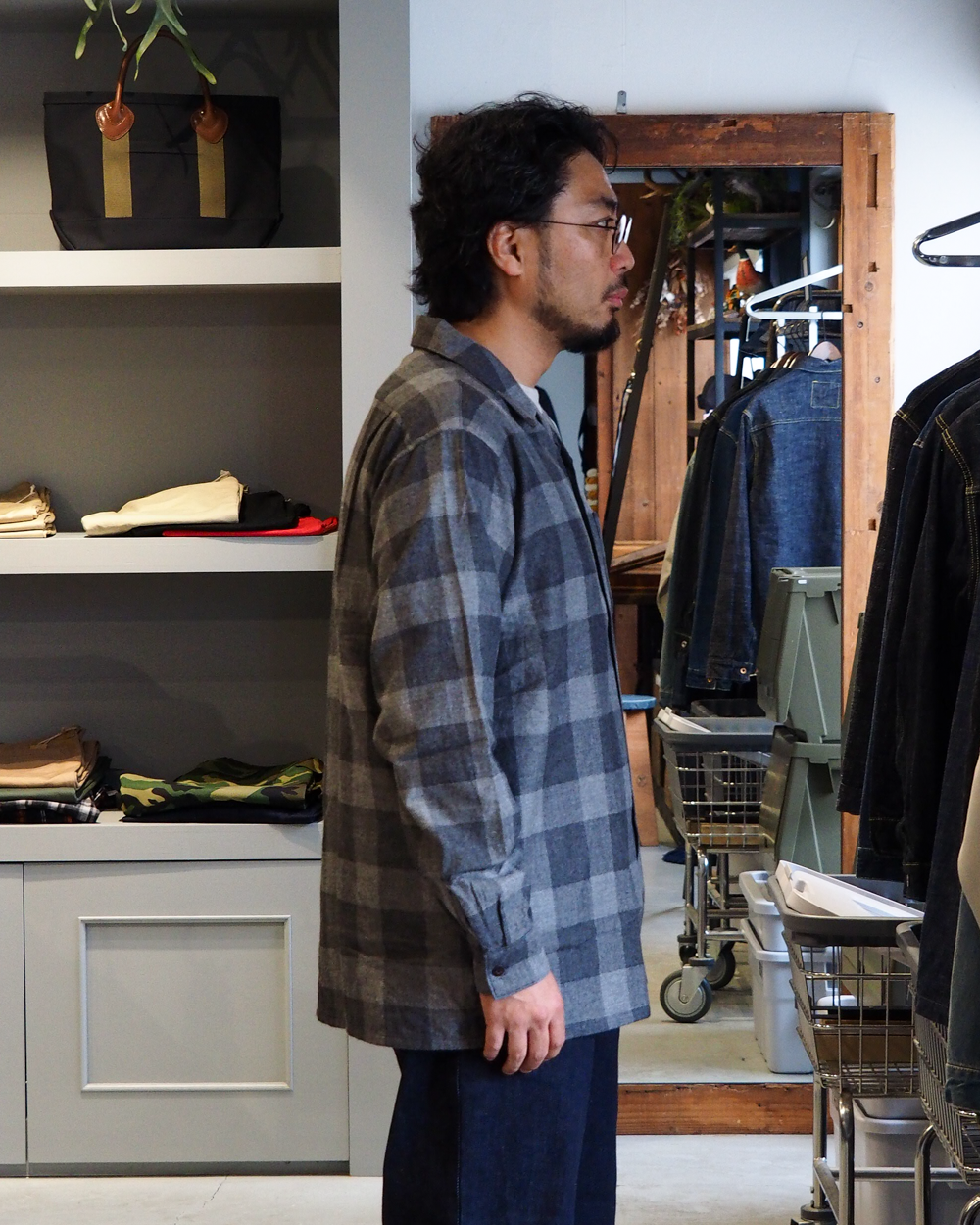 WORKERS ワーカーズ Open Collar Shirt, Cotton Wool Flannel, Check