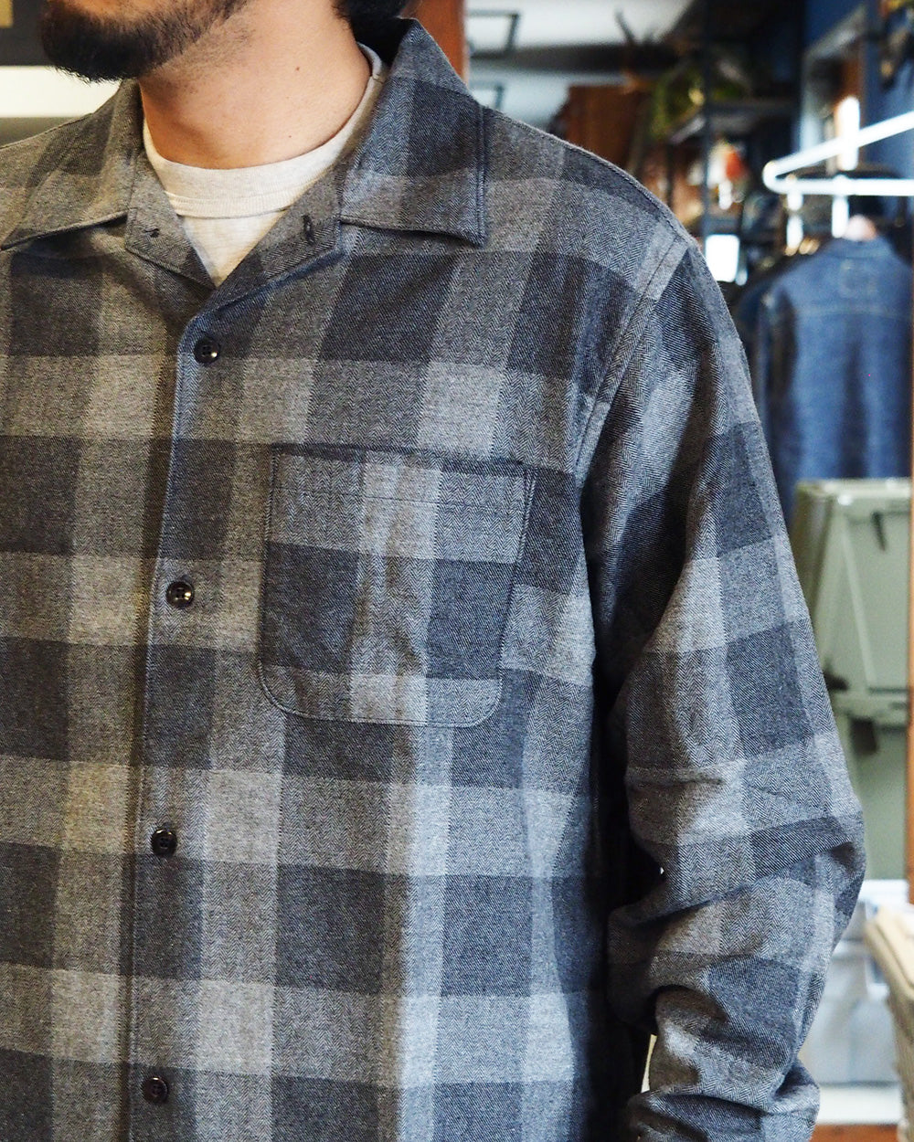 WORKERS Open Collar Shirt, Cotton Wool Flannel, Check
