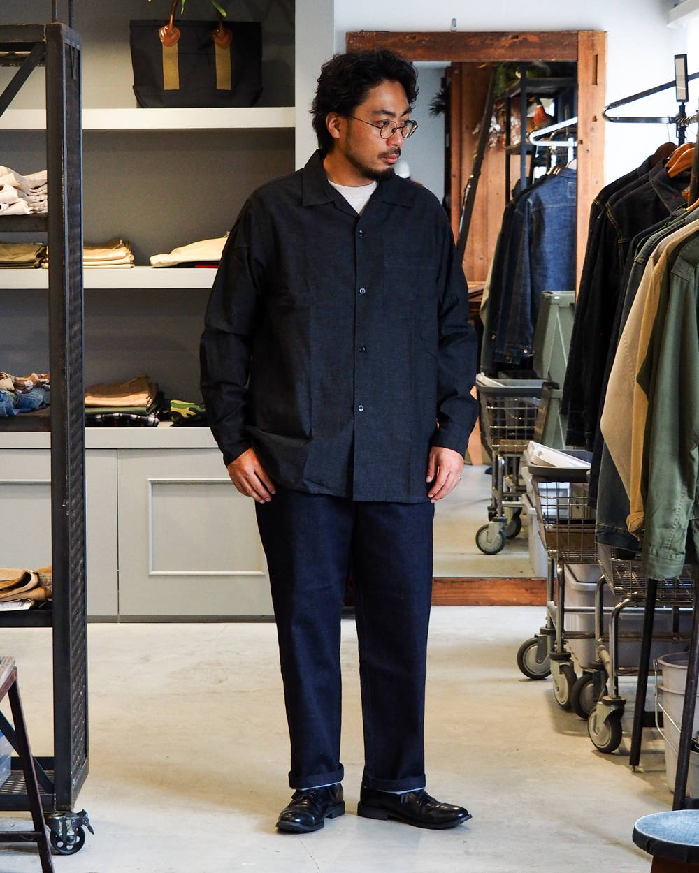 WORKERS ワーカーズ Open Collar Shirt, Cotton Smoky Chambray