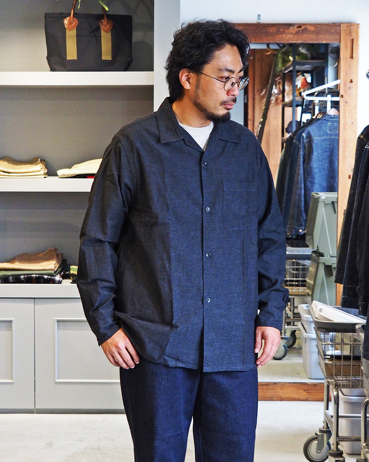 WORKERS Open Collar Shirt, Cotton Smoky Chambray