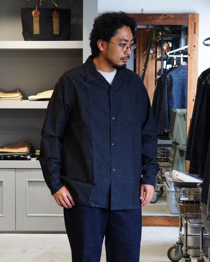 WORKERS ワーカーズ Open Collar Shirt, Cotton Smoky Chambray