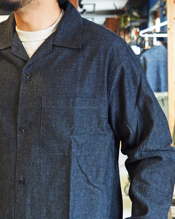 WORKERS Open Collar Shirt, Cotton Smoky Chambray