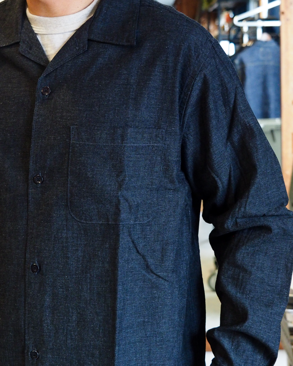 WORKERS ワーカーズ Open Collar Shirt, Cotton Smoky Chambray