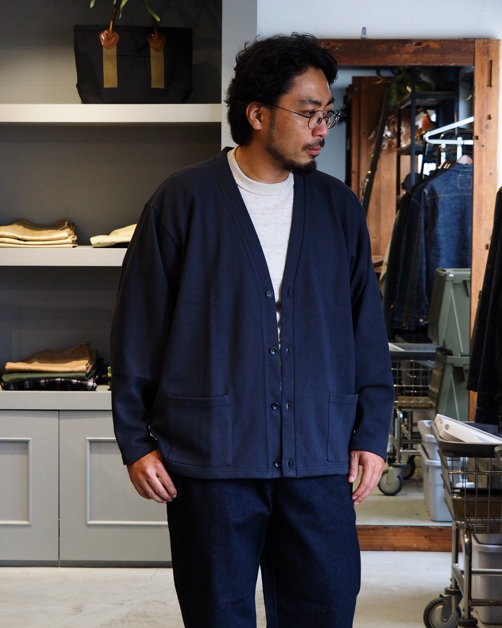 WORKERS Cotton Relax Cardigan, Fade Black
