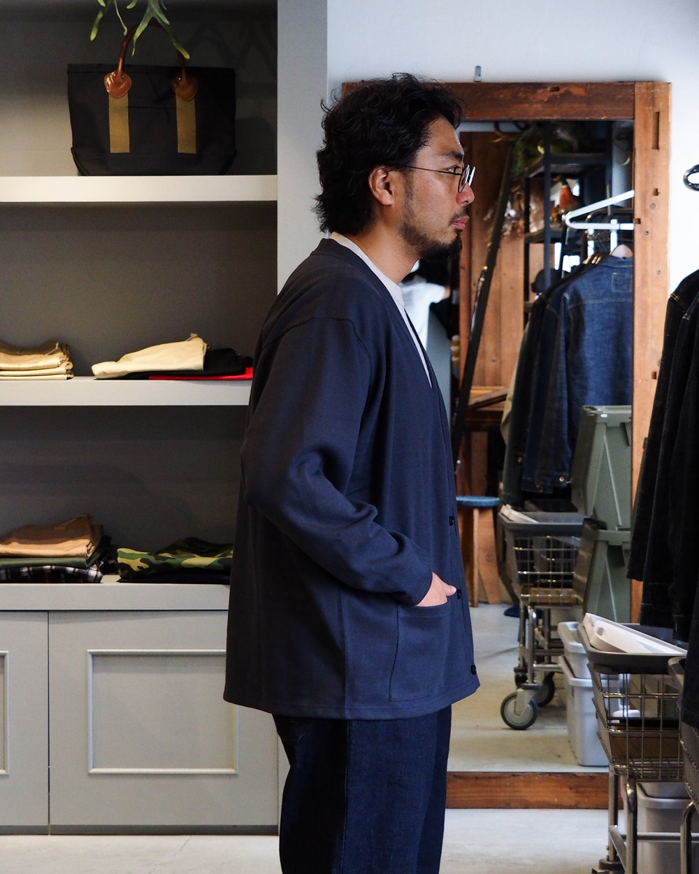 WORKERS Cotton Relax Cardigan, Fade Black