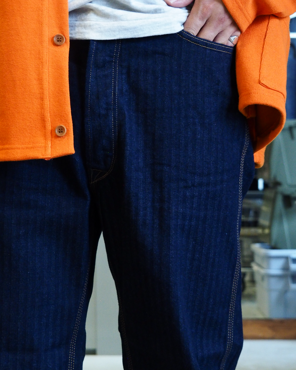 WORKERS Lot 815 Work Pants, 12 oz, Grey Back Indigo Herringbone