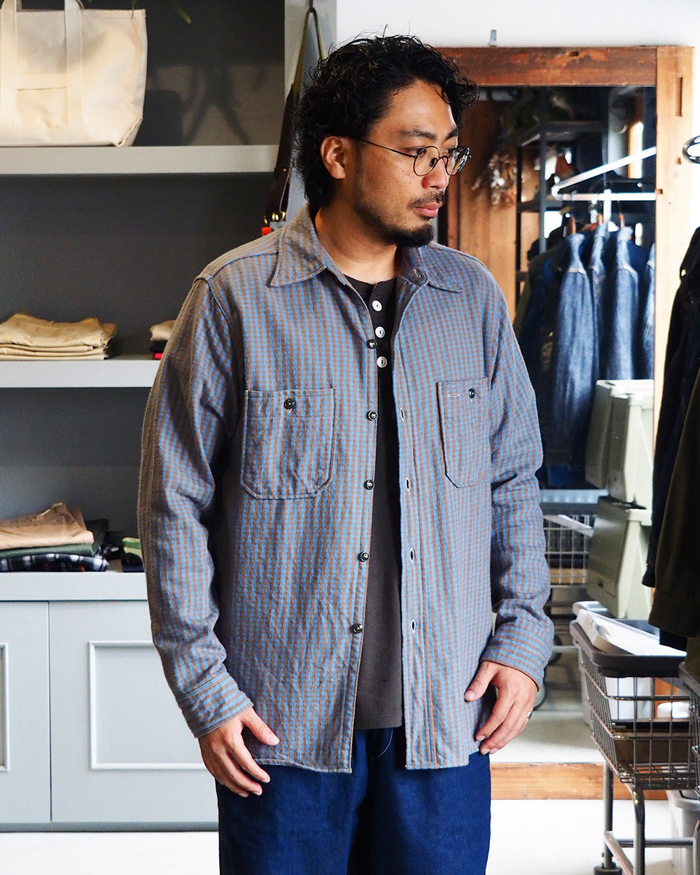 John Gluckow ジョンクラッコー JG-06-2 The Everyday Flannel Shirts D柄 ブラウン×サックス ワンウォッシュ