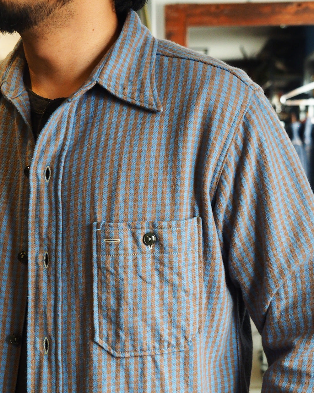 John Gluckow ジョンクラッコー JG-06-2 The Everyday Flannel Shirts D柄 ブラウン×サックス ワンウォッシュ