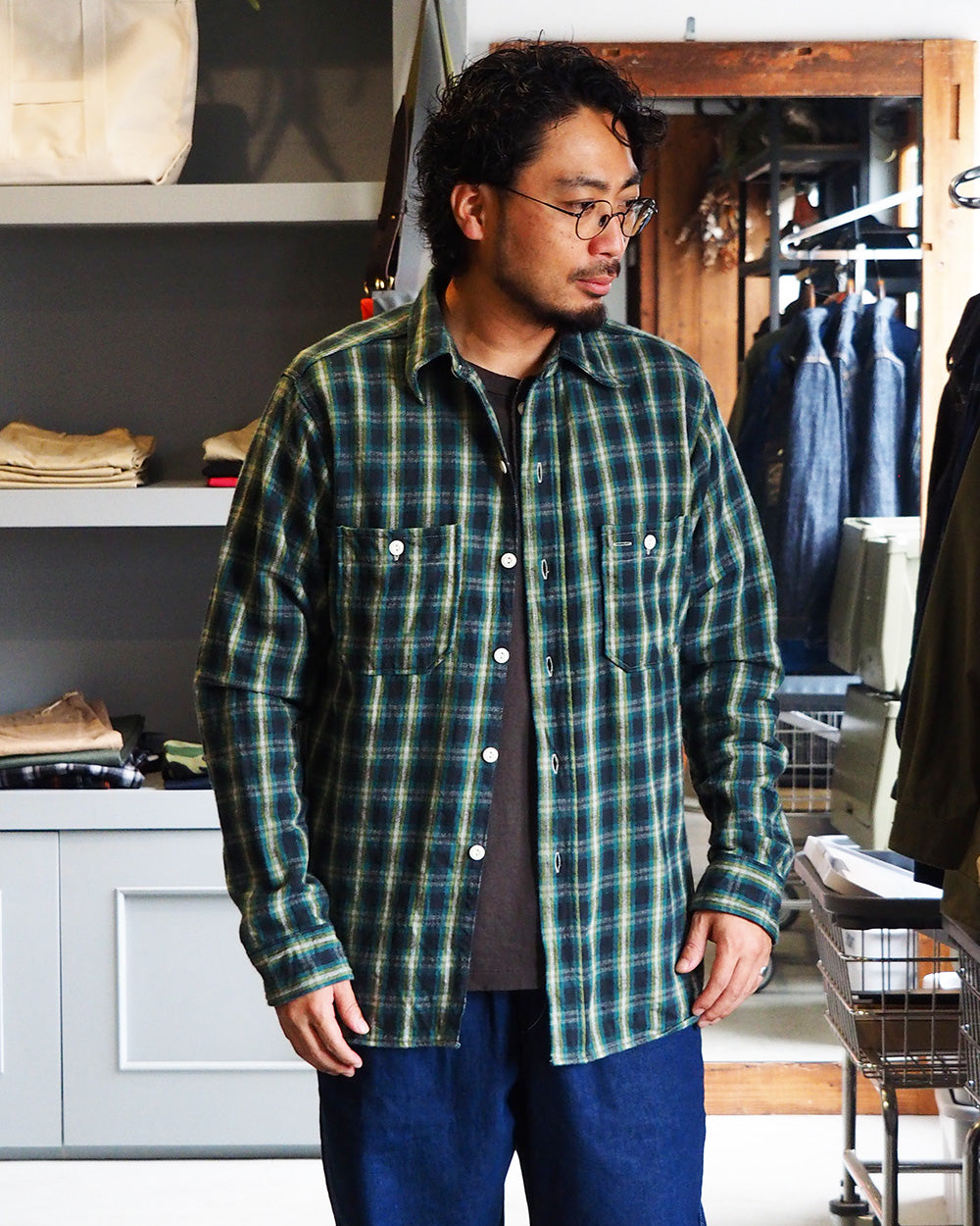 John Gluckow ジョンクラッコー JG-06-2 The Everyday Flannel Shirts E柄 ダークグリーン ワンウォッシュ