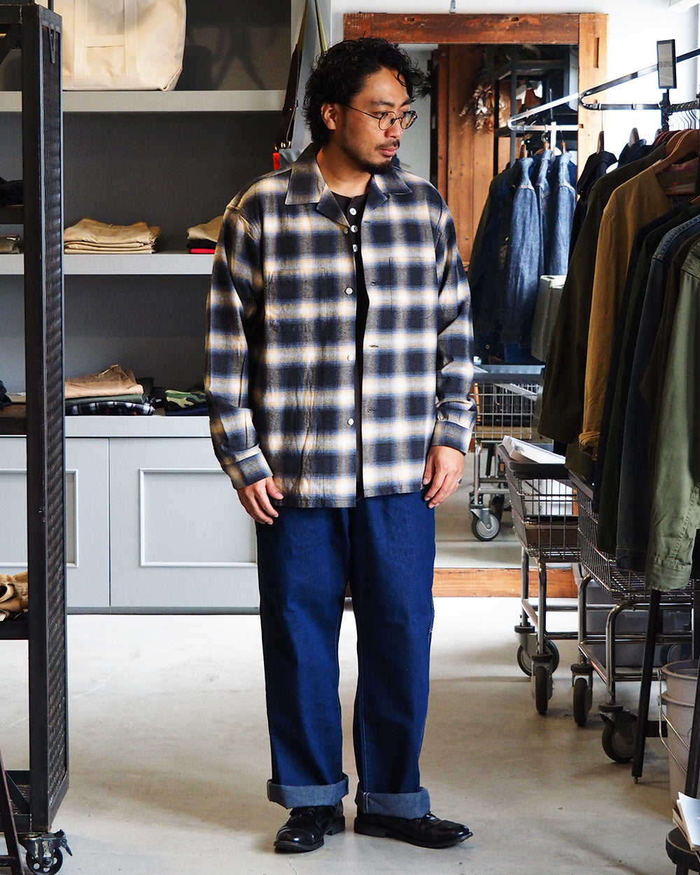 FIVE BROTHER ファイブブラザー Check One-up Collar Shirt Black Grey