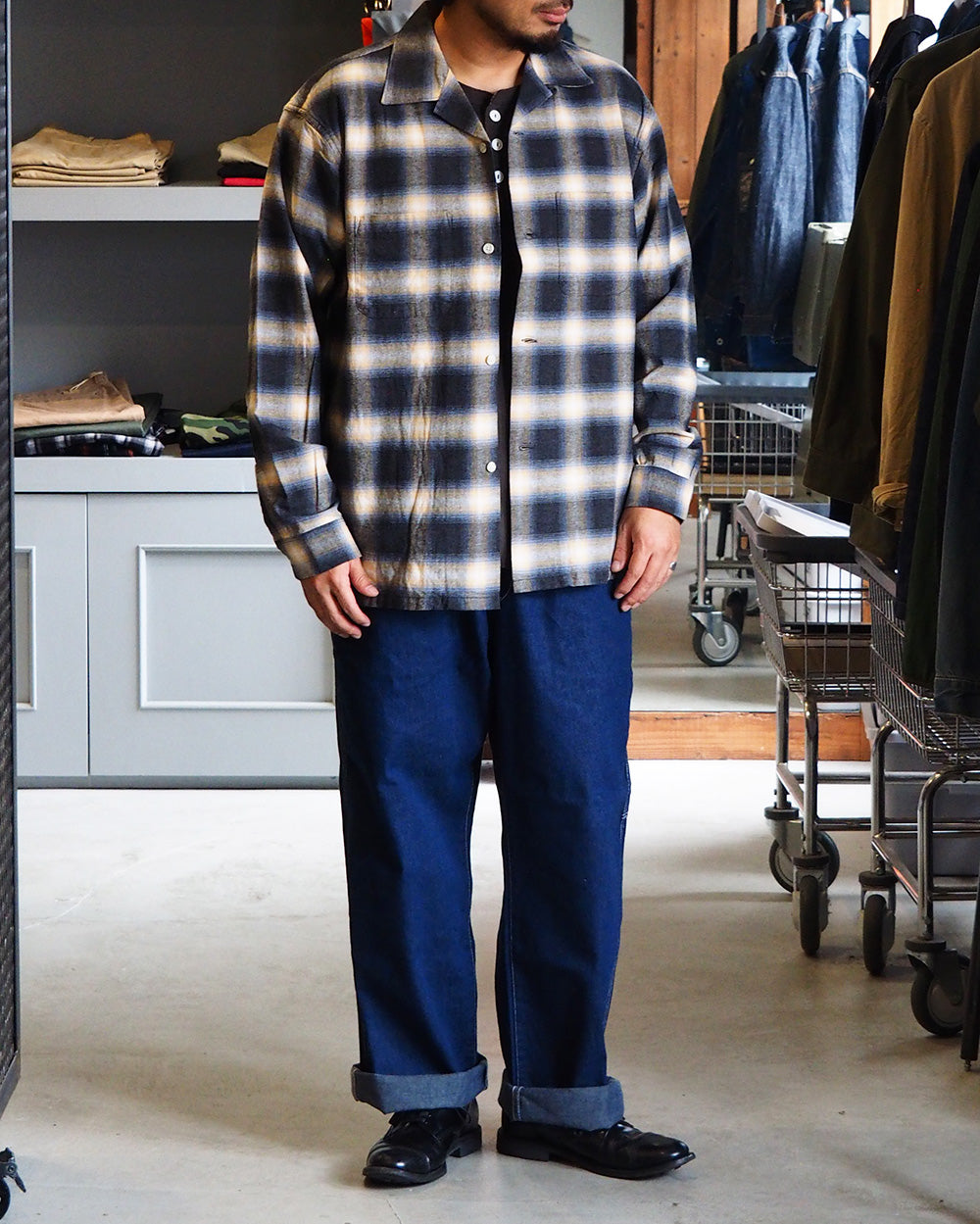 FIVE BROTHER Check One-up Collar Shirt Grey