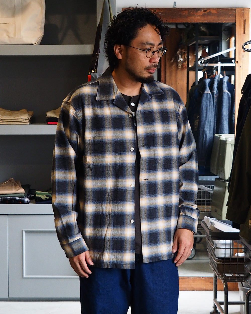 FIVE BROTHER ファイブブラザー Check One-up Collar Shirt Black Grey