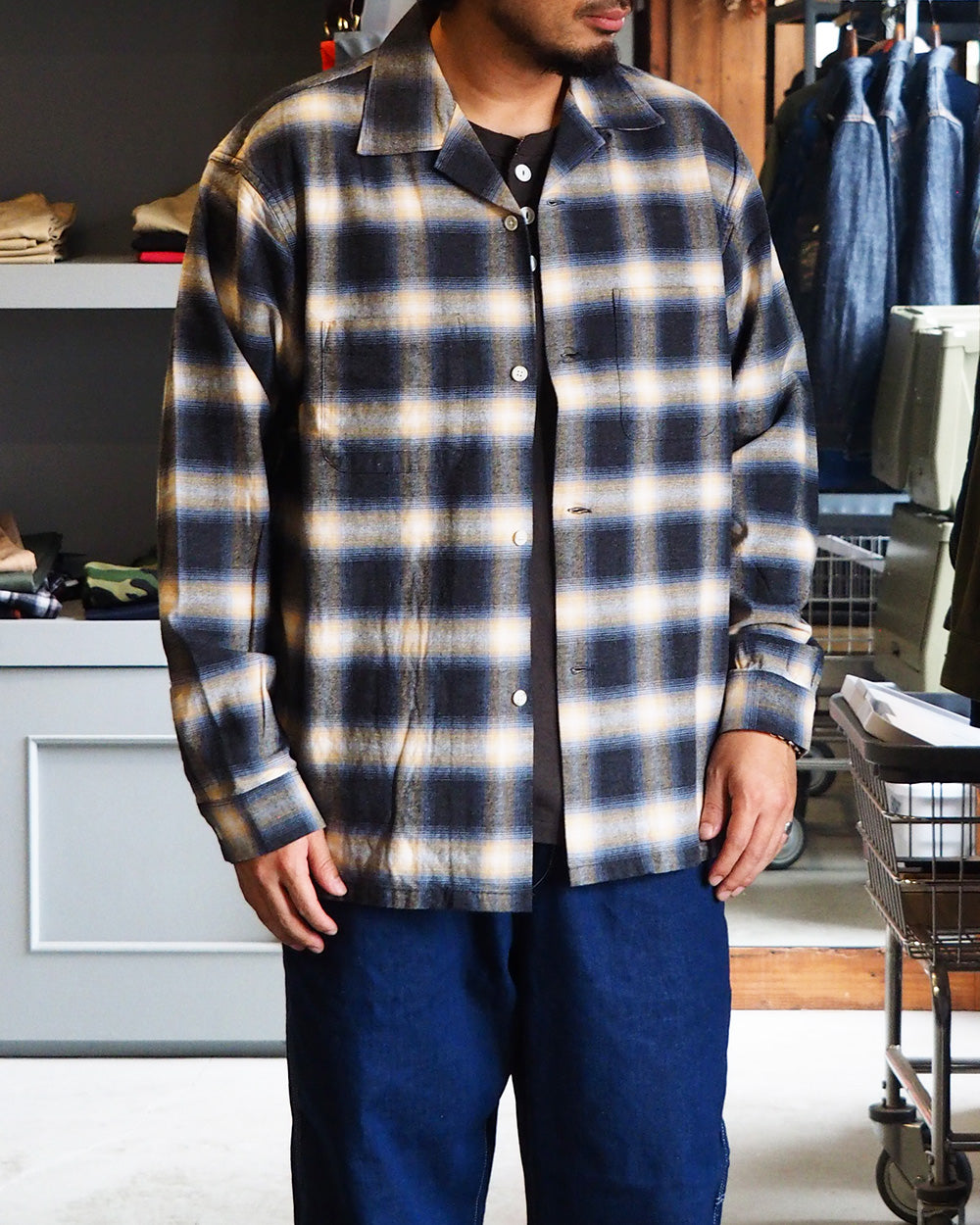 FIVE BROTHER Check One-up Collar Shirt Grey