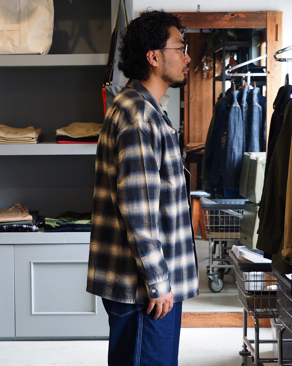 FIVE BROTHER ファイブブラザー Check One-up Collar Shirt Black Grey