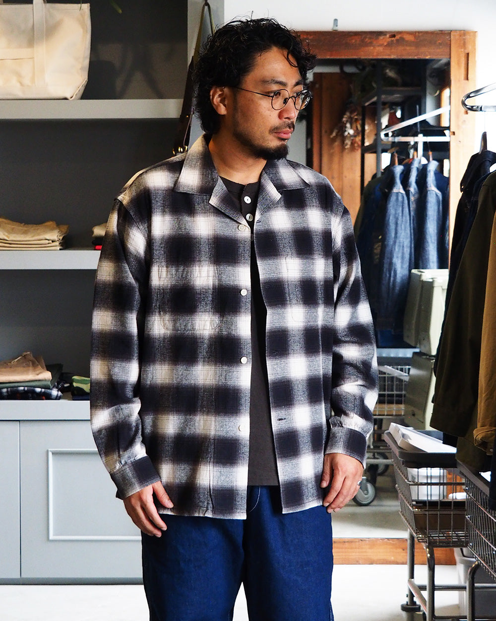FIVE BROTHER ファイブブラザー Check One-up Collar Shirt Black