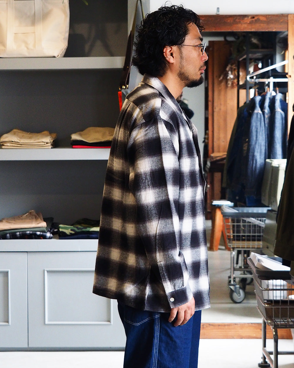 FIVE BROTHER ファイブブラザー Check One-up Collar Shirt Black