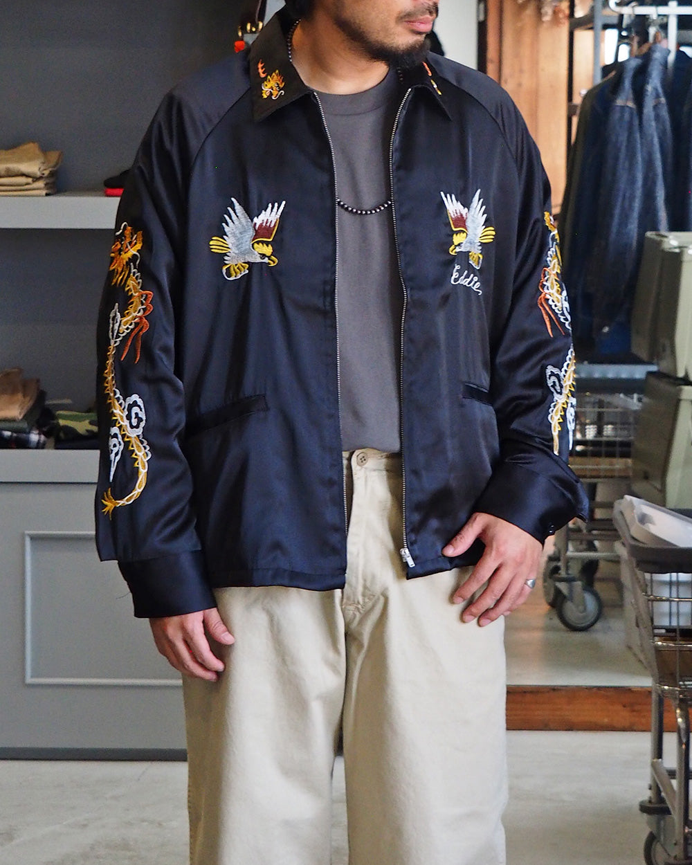 THRIFTY LOOK スリフティルック THRIFTY LOOK / OKINAWA SOUVENIR JACKET BLACK SATIN