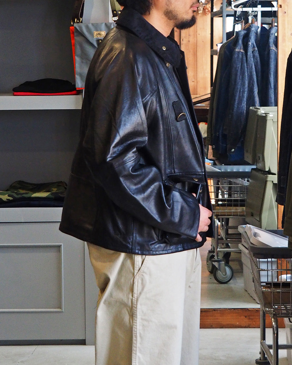 YOUSED ユーズド Remake Leather Fishing Jacket Black
