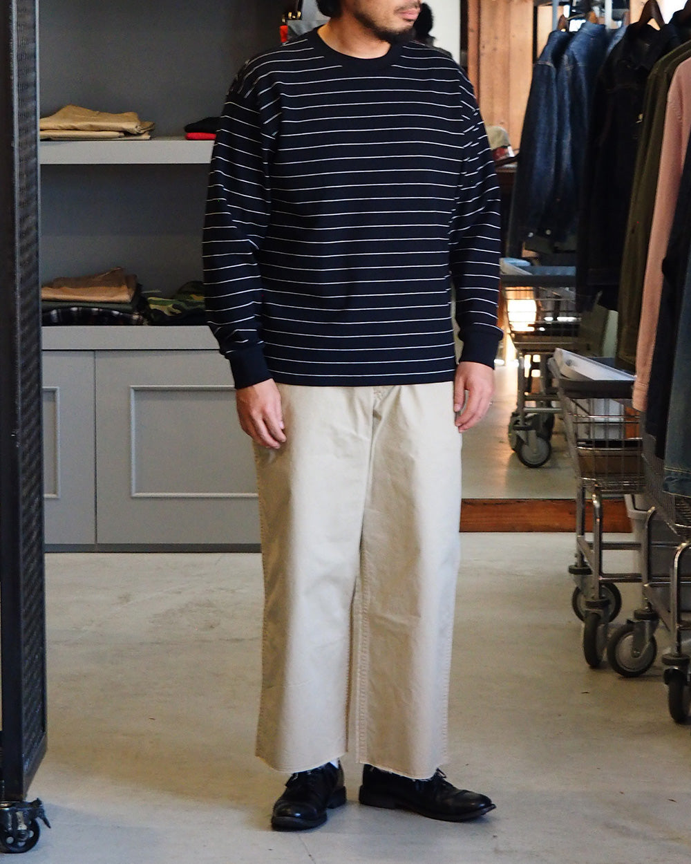 Mr.OLDMAN ミスターオールドマン Long Sleeve Waffle Border Tee Black