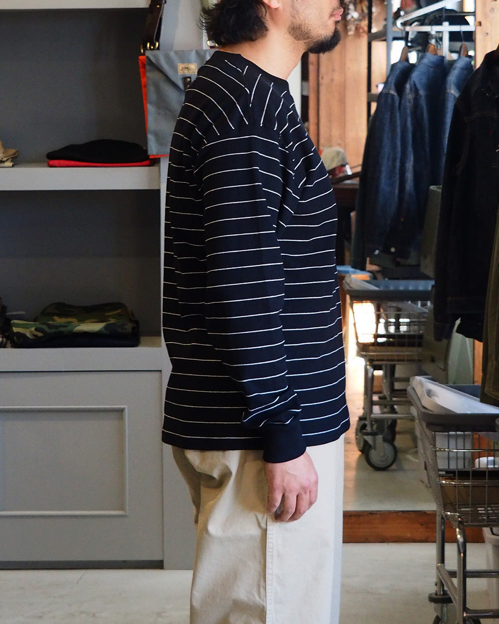 Mr.OLDMAN ミスターオールドマン Long Sleeve Waffle Border Tee Black