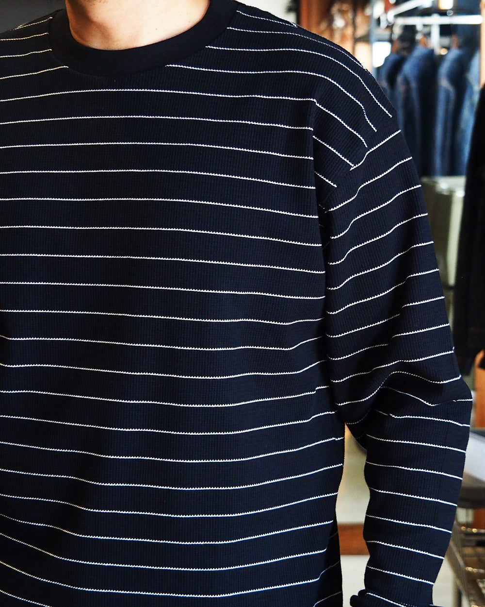 Mr.OLDMAN ミスターオールドマン Long Sleeve Waffle Border Tee Black