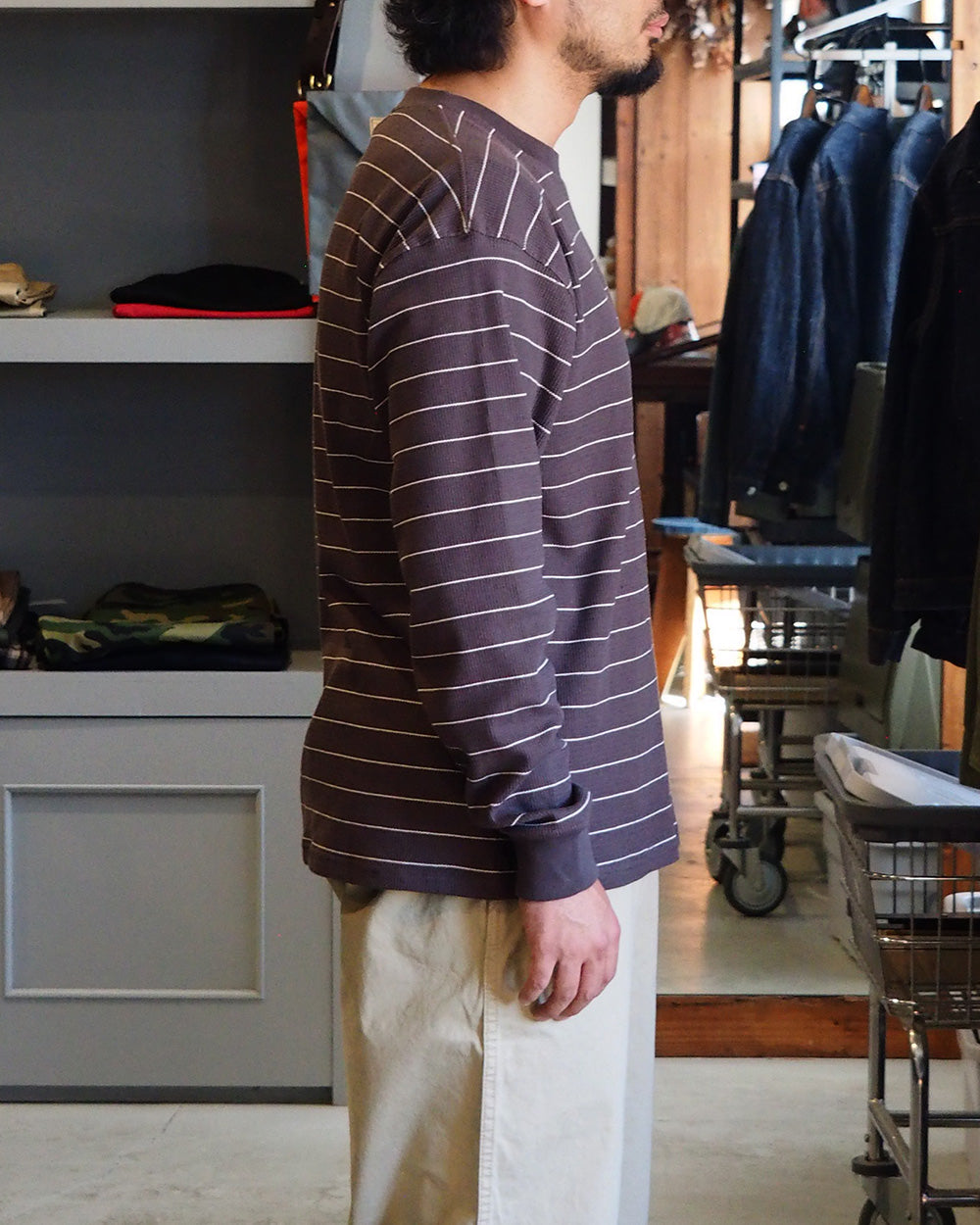 Mr.OLDMAN ミスターオールドマン Long Sleeve Waffle Border Tee Grey