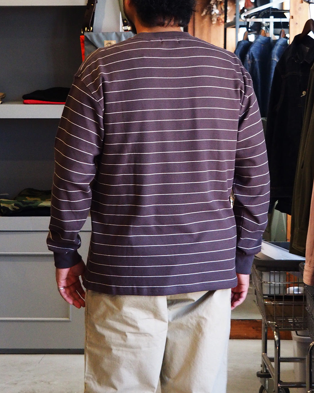 Mr.OLDMAN ミスターオールドマン Long Sleeve Waffle Border Tee Grey