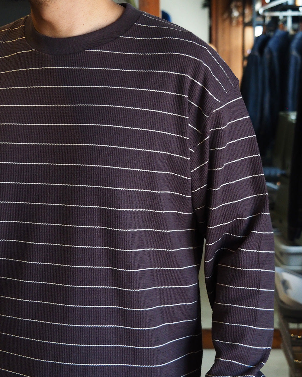 Mr.OLDMAN ミスターオールドマン Long Sleeve Waffle Border Tee Grey