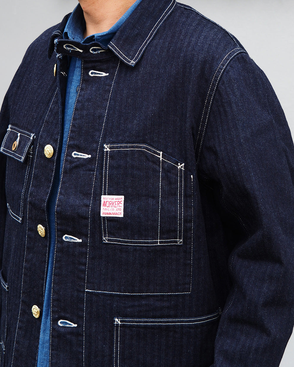 WORKERS ワーカーズ Deluxe Railroad Jacket, 12 oz, Grey Back Indigo Herringbone