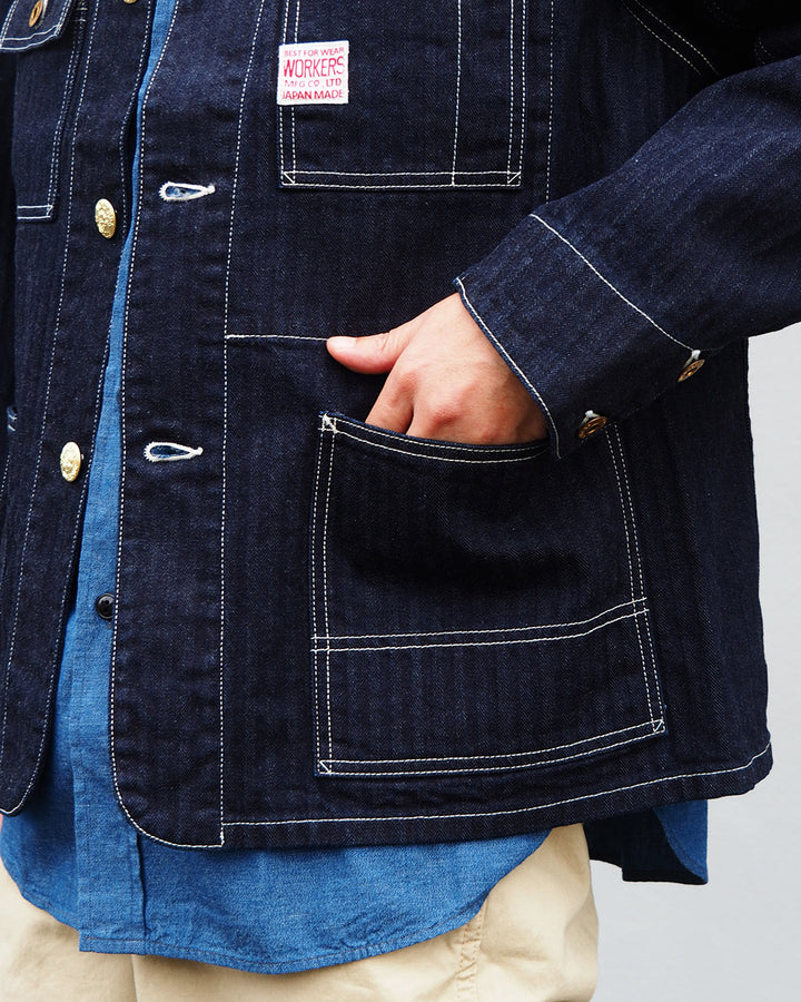 WORKERS ワーカーズ Deluxe Railroad Jacket, 12 oz, Grey Back Indigo Herringbone