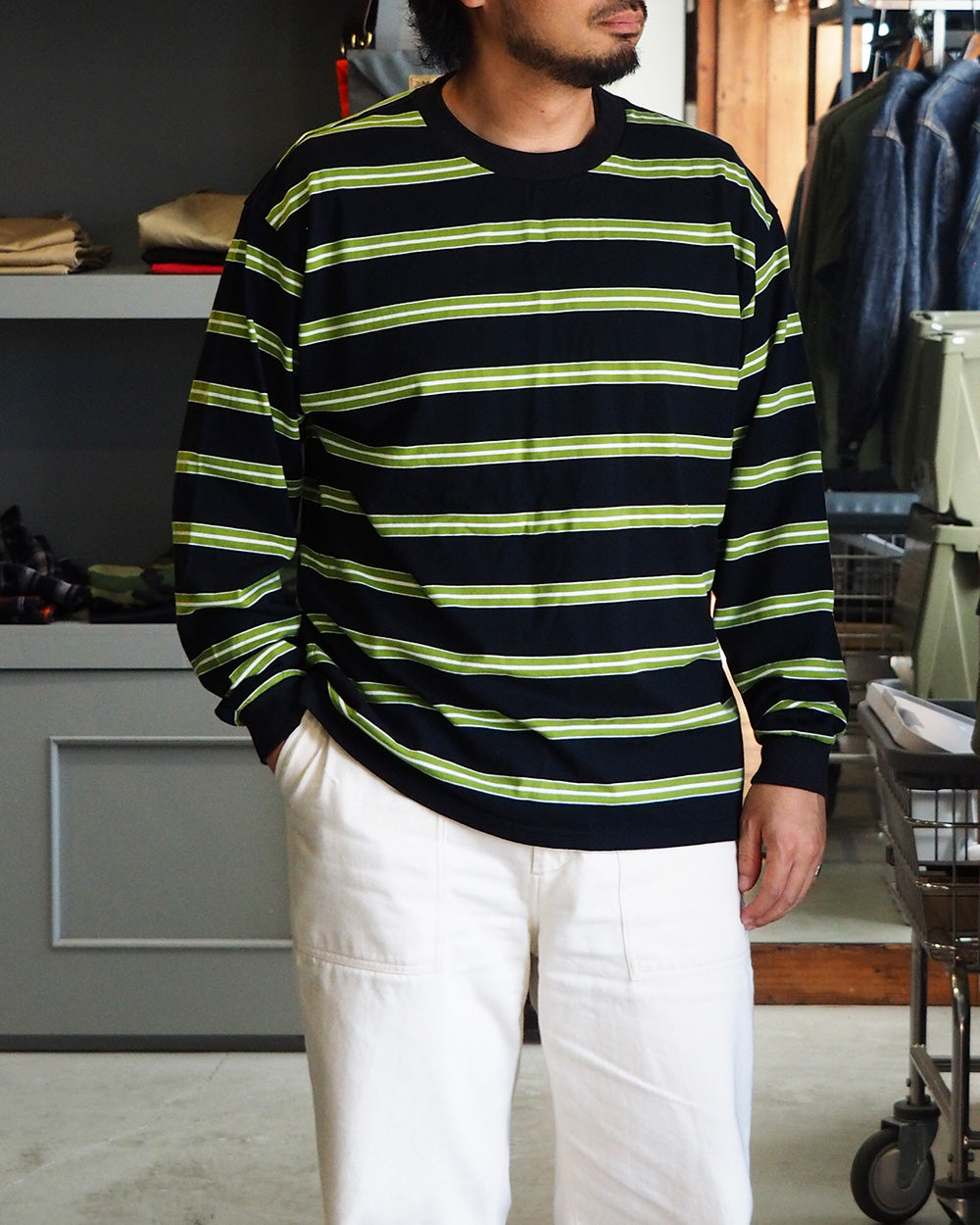 WALLA WALLA SPORT 왈라 왈라 스포츠 L/S 스트라이프 티 블랙×그린