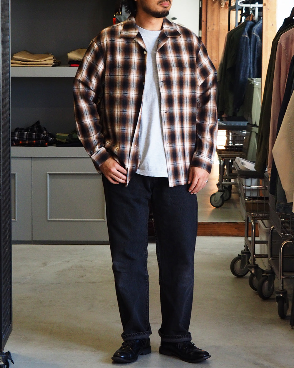 FIVE BROTHER ファイブブラザー Check One-up Collar Shirt Brown