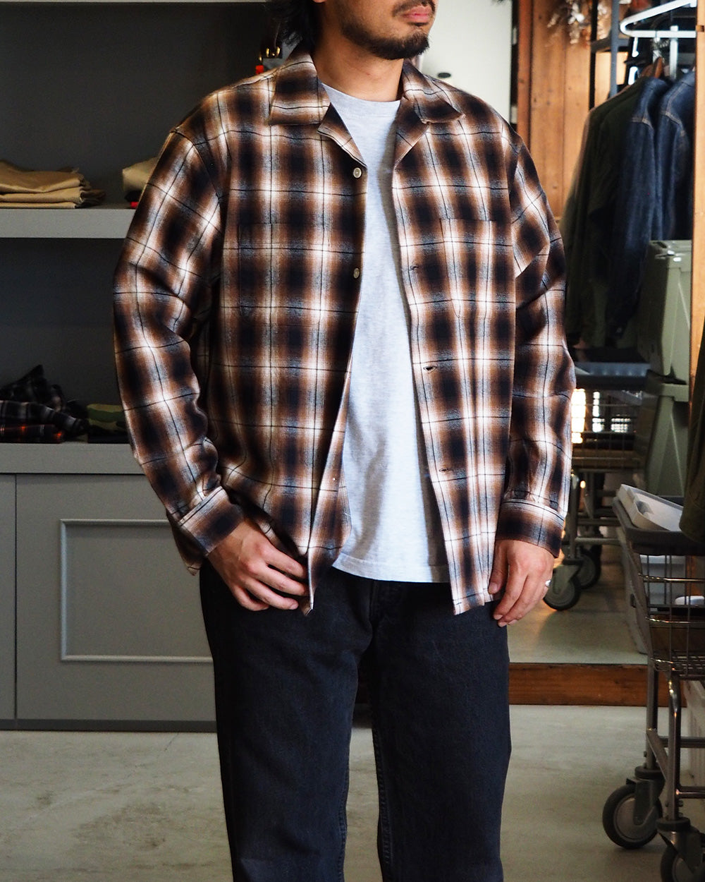 FIVE BROTHER ファイブブラザー Check One-up Collar Shirt Brown