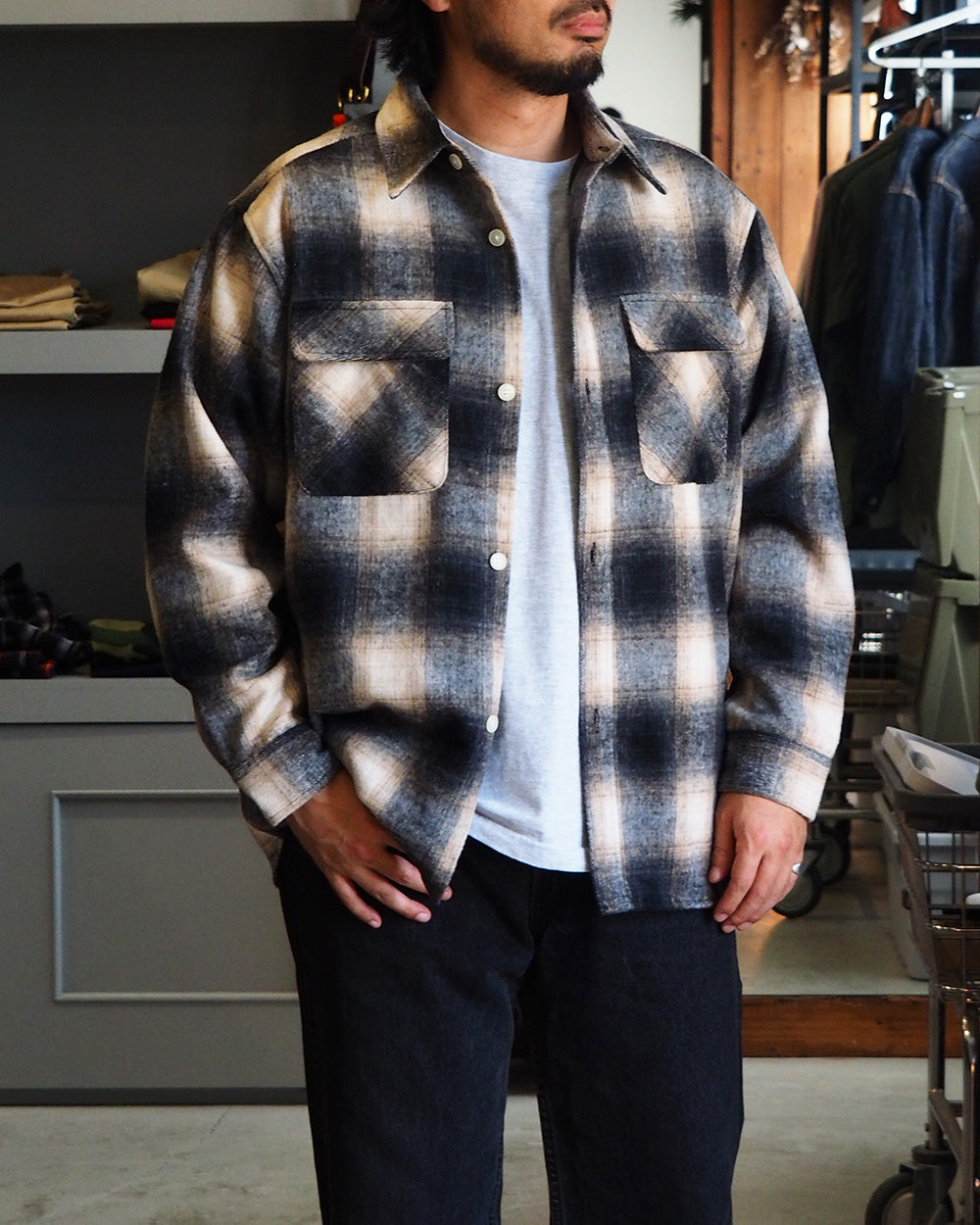 FIVE BROTHER Five Brother Shaggy Check Shirts Jacket Black