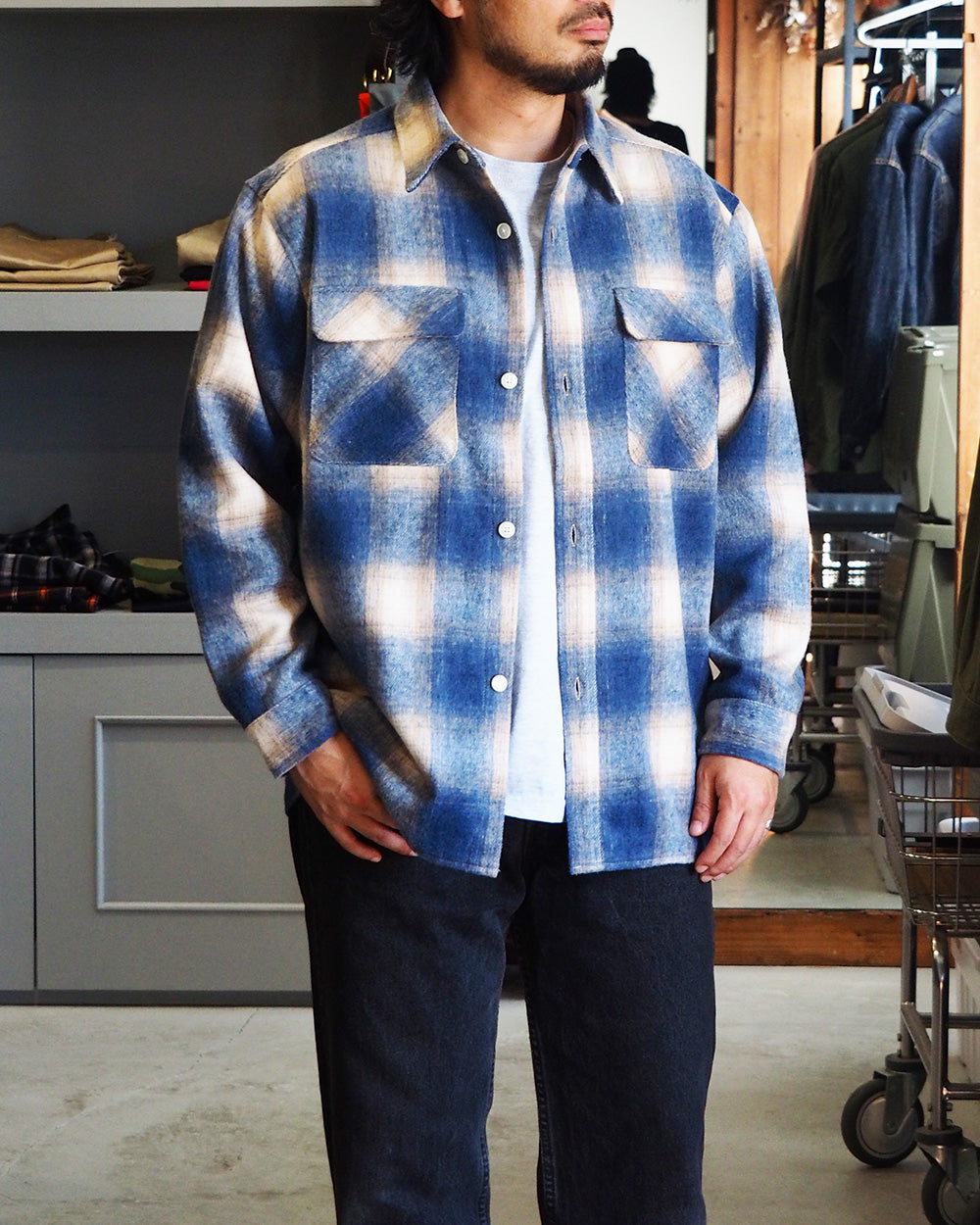 FIVE BROTHER ファイブブラザー Shaggy Check Shirts Jacket Blue