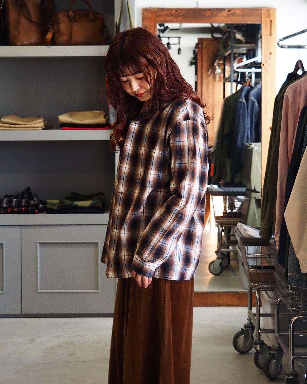 FIVE BROTHER ファイブブラザー Check One-up Collar Shirt Brown