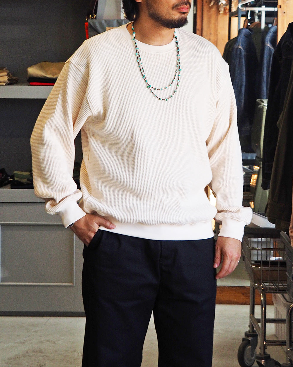 Mr.OLDMAN ミスターオールドマン Heavy Waffle Thermal Crew Sweat Natural