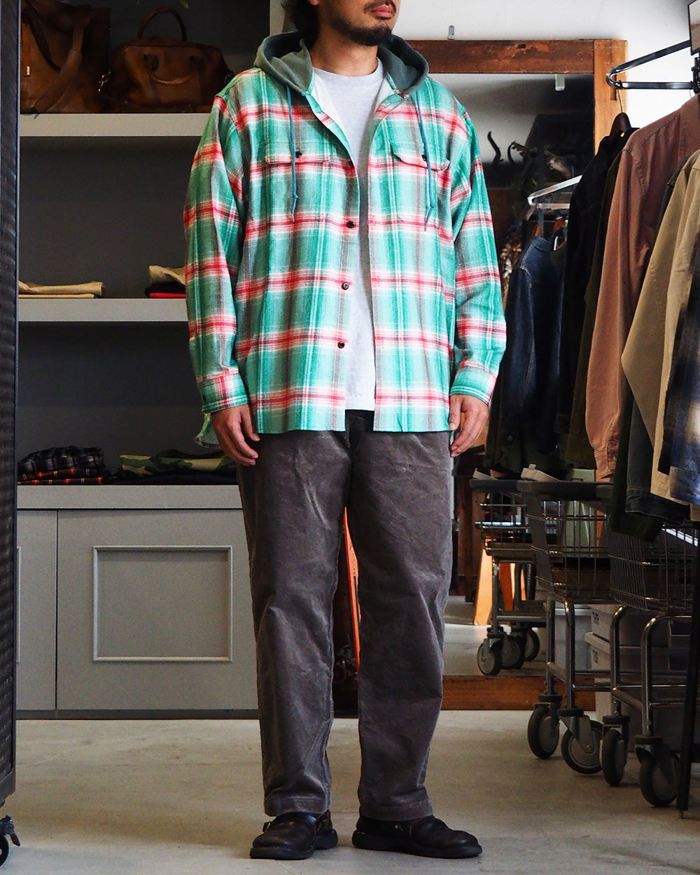 IMPRESTORE インプレストア Flannel Hooded Shirt / Springsteen (Green×Red)