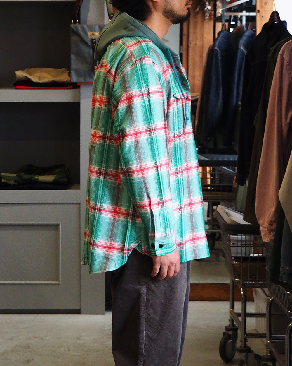 IMPRESTORE インプレストア Flannel Hooded Shirt / Springsteen (Green×Red)