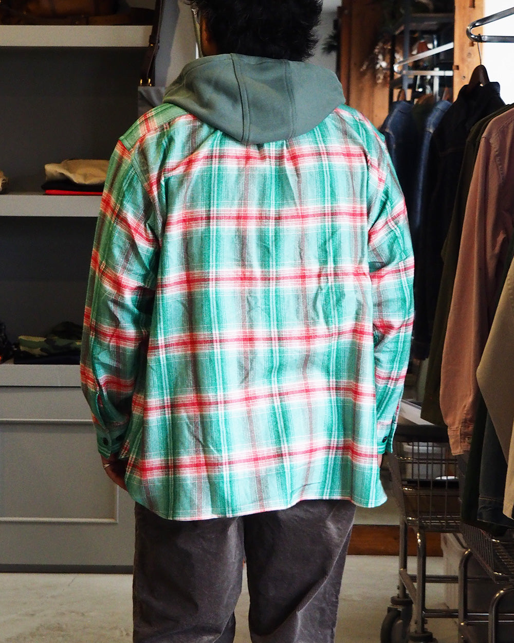 IMPRESTORE インプレストア Flannel Hooded Shirt / Springsteen (Green×Red)