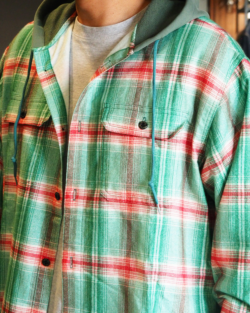 IMPRESTORE インプレストア Flannel Hooded Shirt / Springsteen (Green×Red)