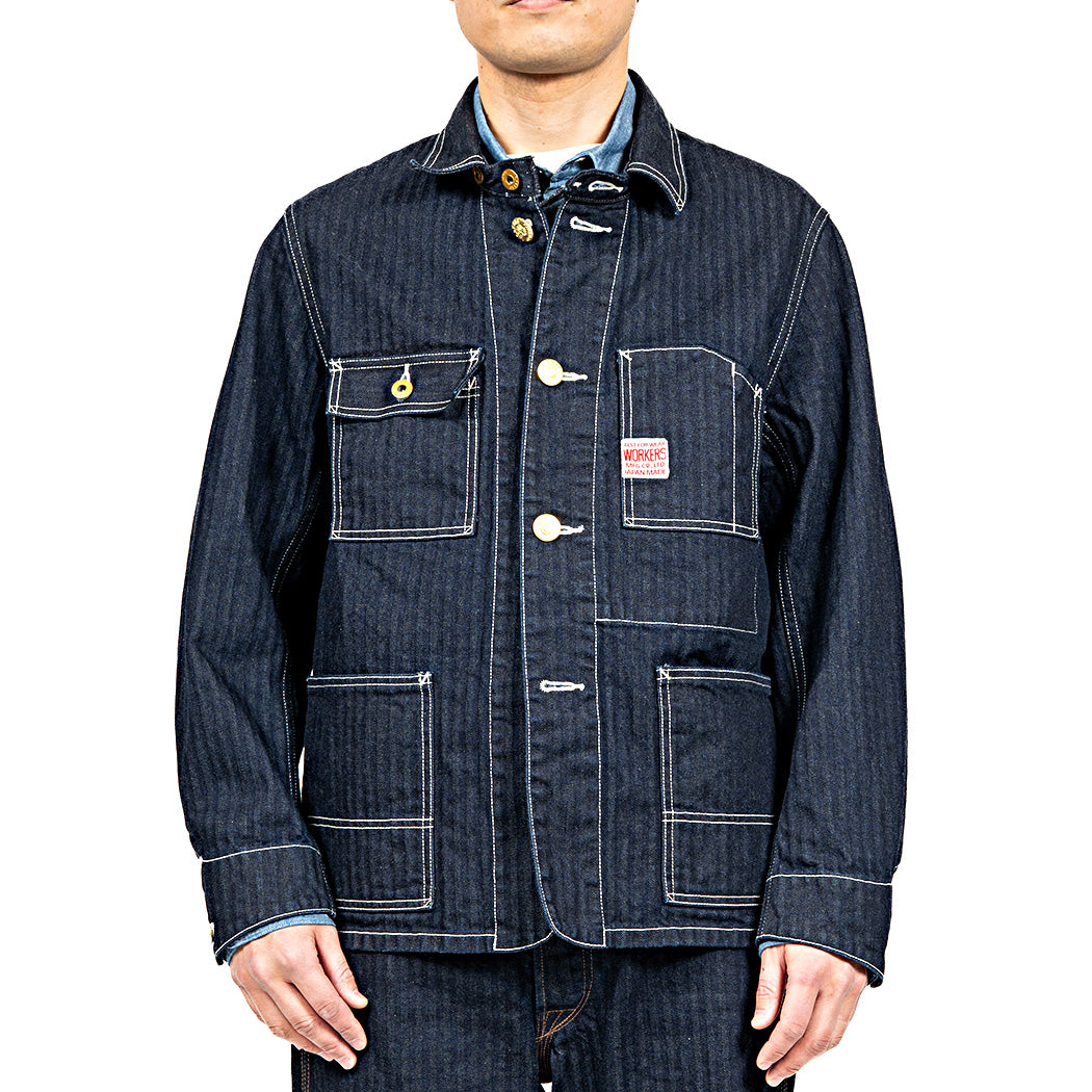 WORKERS ワーカーズ Deluxe Railroad Jacket, 12 oz, Grey Back Indigo Herringbone